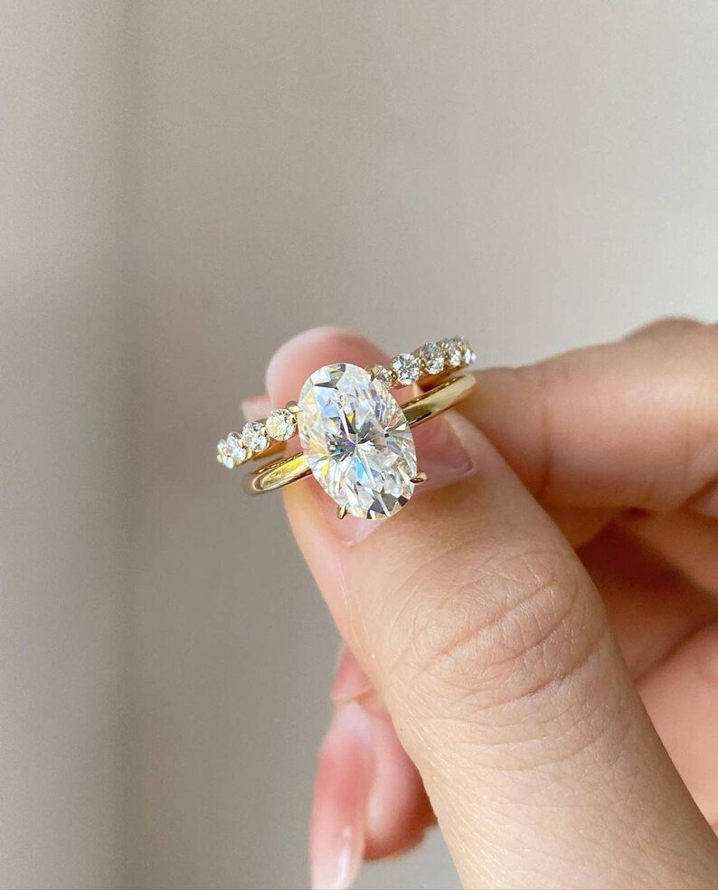 3.50 CT Oval Cut Moissanite Diamond Hidden Halo Engagement Ring Bridal Set Gift For Her 18K Gold Pave Setting Ring Unique Anniversary Gift image 1