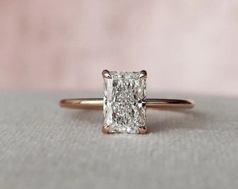 Radiant Cut Moissanite Solitaire Engagement Ring, Radiant Diamond Hidden Halo Ring, Radiant Solitaire Ring, Wedding Anniversary Gift for Her