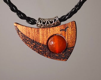 SUNSET OCEAN unisex wood jewelry, handmade wooden pendant, unique gemstone necklace, wooden jewelry necklace, Agate Stone pendant gift