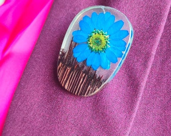 Resin Wenge Wood and Blue Flower Brooch - Handcrafted Epoxy Resin Jewelry