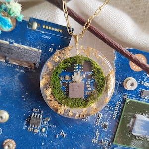 Handmade Resin Pendant with Gold Leaf, Moss, Flower & Circuit Board – Cyberpunk Techwear Necklace