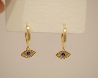 Handmade earrings evil eye ear hoops, brass with 14k gold plated, gift for her