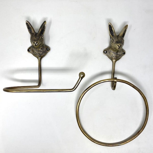 Portarrollos de papel higiénico y toallero de aro de hierro antiguo, accesorios de baño hechos a mano, diseño de liebre, conejo