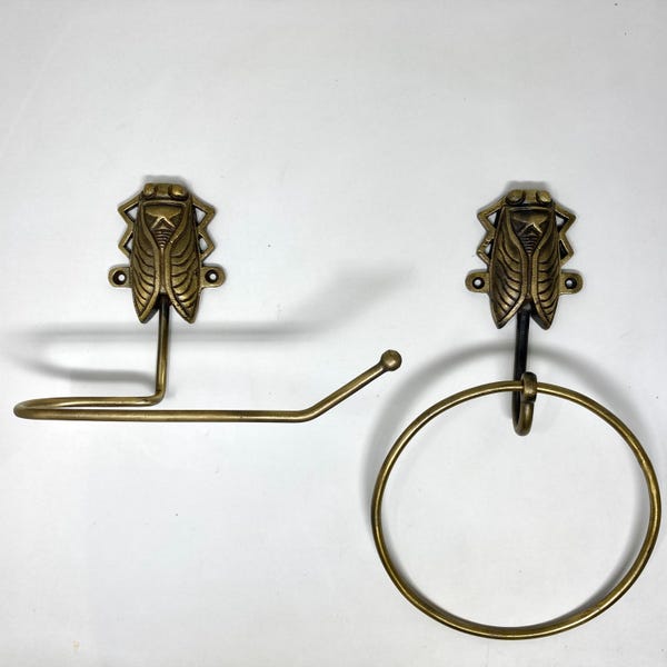 Bug Toilet Roll & Towel Ring Holder Antique Brass Iron Bathroom Set