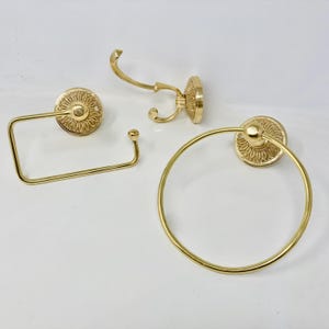Set di accessori da bagno in ottone, porta rotolo di carta igienica, gancio ad anello per asciugamani, ottone lucido, patina non laccata, girasole fatto a mano, ottone naturale