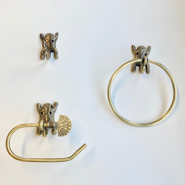 Brass Antique Tiger Set | Bathroom Toilet Roll Holder | Tissue Holder | Towel Ring | Hook | Handmade | 100% Brass | New Home Gift | Safari