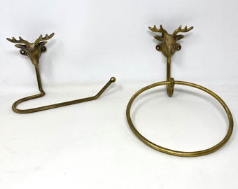 Antique Brass Stag Towel Ring & Toilet Paper Holder Set