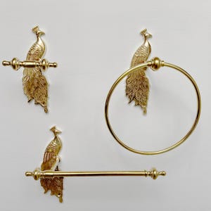Set da bagno in ottone, porta rotolo di carta igienica non verniciato, anello portasciugamani, gancio a parete, ottone lucido, decorazione a pavone, accessori per il bagno, ottone dorato patinato
