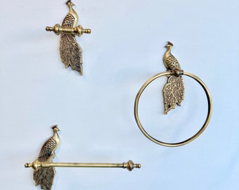 Brass Antique Peacock Bird Set | Bathroom Toilet Roll Holder | Tissue Holder | Towel Ring | Hook | Handmade | 100% Brass | New Home Gift