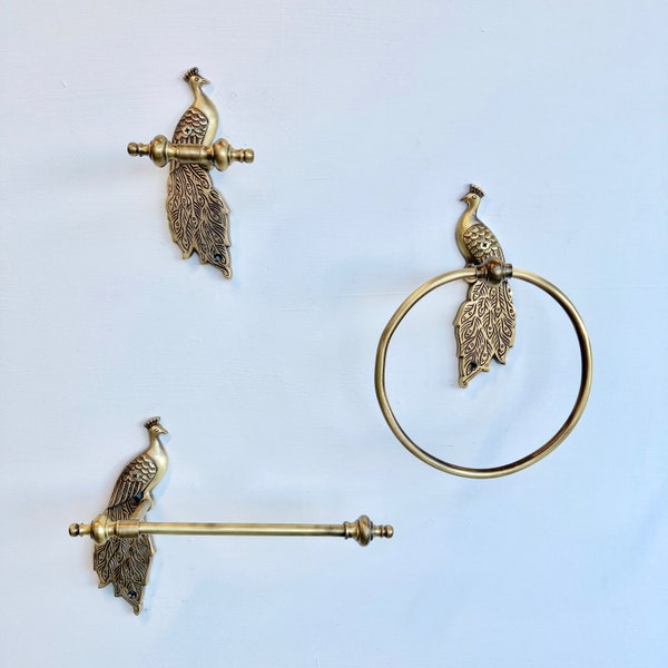 Brass Antique Peacock Bird Set | Bathroom Toilet Roll Holder | Tissue Holder | Towel Ring | Hook | Handmade | 100% Brass | New Home Gift