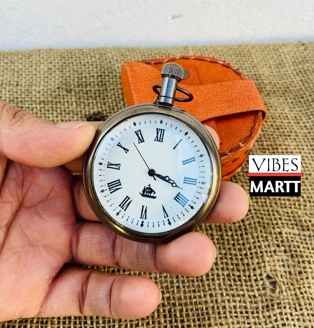 Antique Style Brass Pocket Watch Chain With Fully Leather Made Box