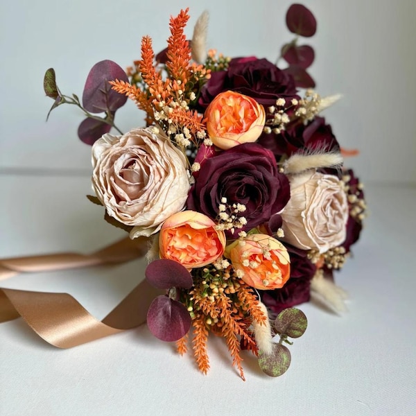 Burgundy Rose Wedding Bouquet: Orange Peonies, Dried Flowers, Eucalyptus