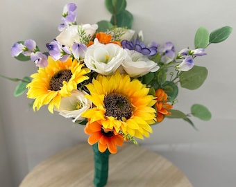 Wedding Flowers for Bride Bouquet for Summer Wedding Sunflower Hand Tied Bouquet Artificial Silk Flowers Yellow and Purple Bride Flowers