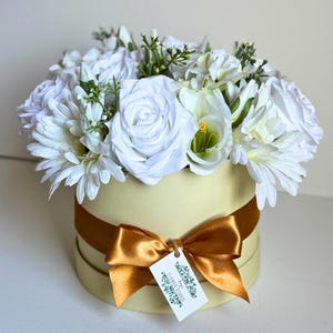 White Flower Hat box Artificial Silk Flower Bouquet for Valentines Day Anniversary Birthday Engagement  Mothers Day Gift for her Baby Shower