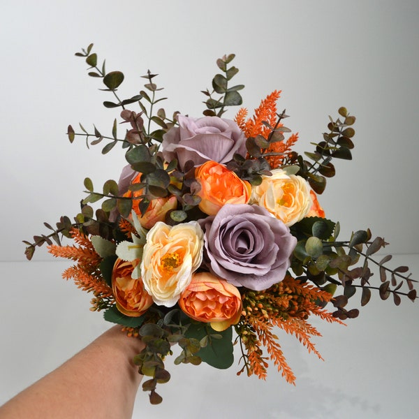 Purple and Orange Autumn Wedding Flowers for Bride Mauve Wedding Bouquet Artificial Silk Flowers Copper Bridal Bouquet