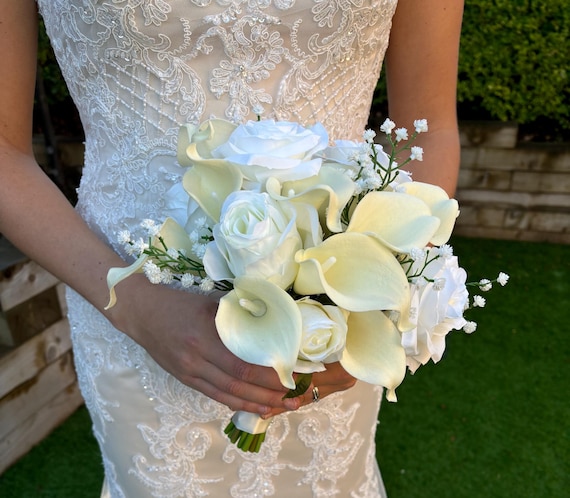 Ivory Calla Lily Wedding Bouquet: Rose & Gypsophila, Satin Ribbon - Etsy
