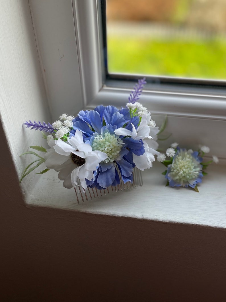 Cornflower Blue Flower Hair Comb With White Anemone and Purple Heather Hair Slide Bride