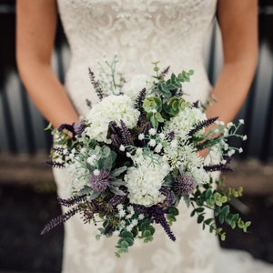 Rustic Garden Wedding Flower Bouquet Ivory Purple and Green Bride Flowers with Hydrangeas Eucalyptus Lavender Gypsophila Faux Bridal Bouquet