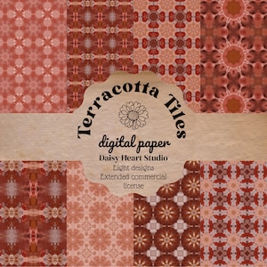 Può includere: Otto design di carta digitale con motivi di piastrelle in terracotta in tonalità di rosso, arancione e marrone. I design sono etichettati come "Terracotta Tiles" e "Daisy Heart Studio".