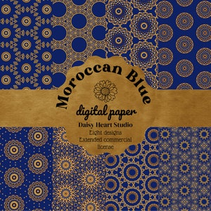 Papier numérique bleu marocain | Licence commerciale pour POD, KDP | étoiles d'or, points, demi-lunes, flèches | Graphiques bleu et or