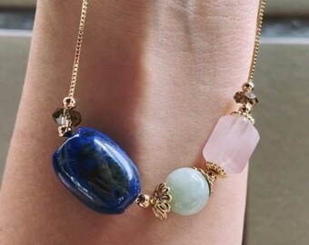 Adjustable Crystal Necklace with Lapis Lazuli, Sepentine Jade and Rose Quartz