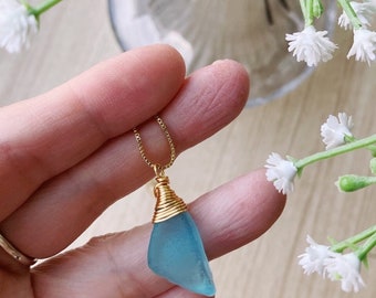 Seaglass Light Blue Triangle pendant wire-wrapped