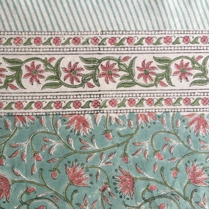Peut inclure: Un tissu turquoise avec un motif floral répétitif. Les fleurs sont roses et les feuilles sont vertes. Le tissu a une bordure blanche avec un motif répétitif de fleurs roses et de feuilles vertes.