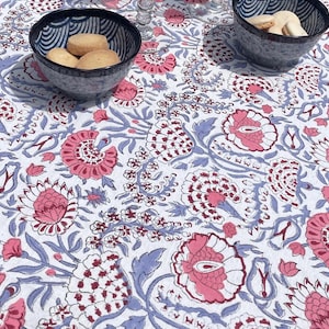 Rectangular blockprint cotton tablecloth, hand-printed using a stamp