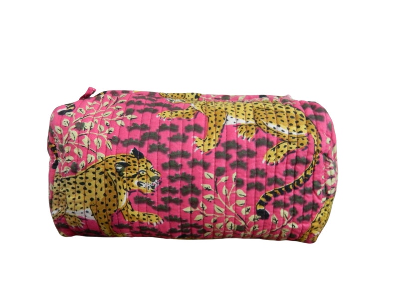 Trousse de toilette en coton, Trousse de voyage, Trousse à maquillage, Pochette rose/tigre