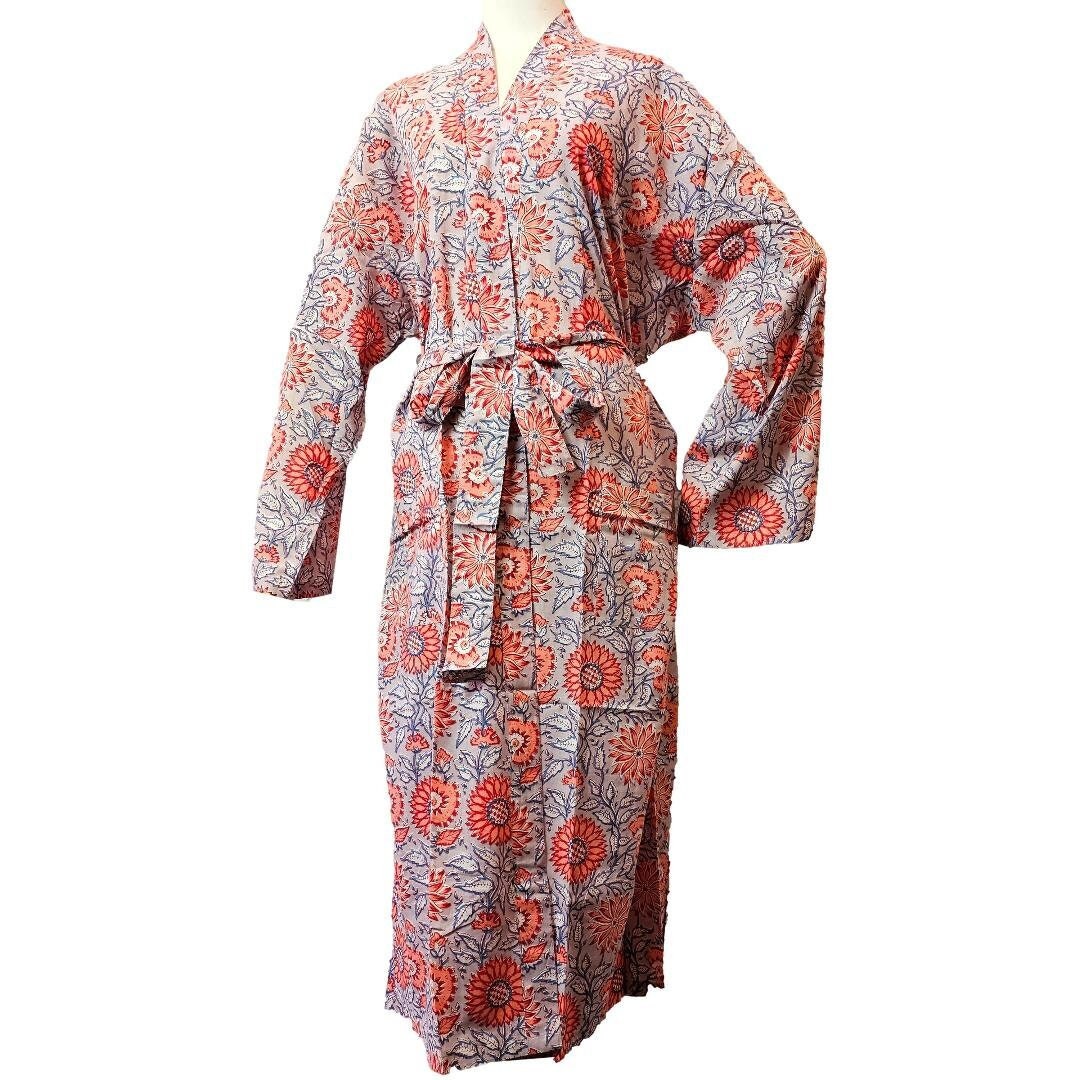 long cotton kimono dressing gown Tropical Print Cotton Bathrobe Long Kimono Dressing Gown XXL / Aqua