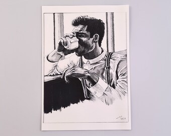 Tea or Coffee? Art print portrait acrylic painting, modern wall art, art print black and white, minimalist wall art, print