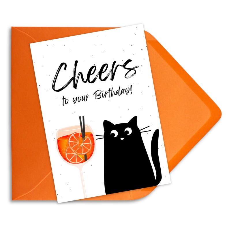 Aperol birthday card "Cheers to your Birthday" in A6 | Cat greeting card, gift card, postcard, Aperol glass, funny cat card Umschlag Orange