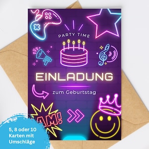 Coole Einladungskarten zum Kindergeburtstag Neon Einladungen zur Gamer Party, Einladung Laser Tag Kinder Geburtstag, auch mit Umschlägen