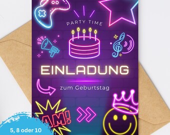 Cool invitation cards for children's birthdays, neon invitations for gamer parties, laser tag invitations for children's birthdays, also with envelopes.