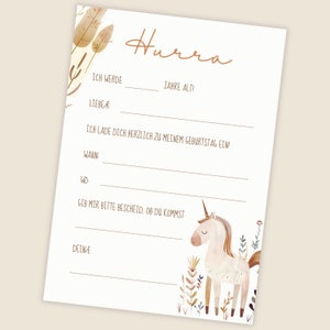 May include: A printable birthday invitation with a unicorn illustration. The invitation has a brown and white color scheme with a floral design. The text reads "Hurra! I will be ____ years old! Dear ____, I invite you to my birthday party. When: ____ Where: ____ Please let me know if you can come. Yours, ____"