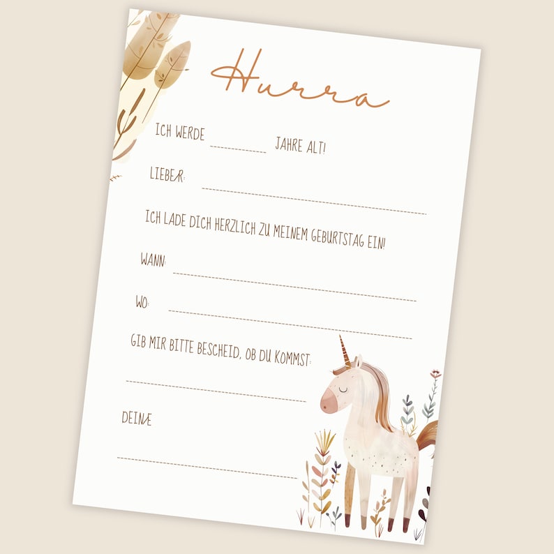 May include: A printable birthday invitation with a unicorn illustration. The invitation has a brown and white color scheme with a floral design. The text reads "Hurra! I will be ____ years old! Dear ____, I invite you to my birthday party. When: ____ Where: ____ Please let me know if you can come. Yours, ____"