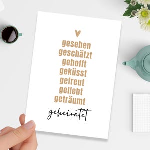 Hochzeit Karte „gesehen. geschätzt. gehofft. … geheiratet“ (Postkarte) A6 | Glückwunsch zur Hochzeit | Moderne Hochzeitskarte mit Herz
