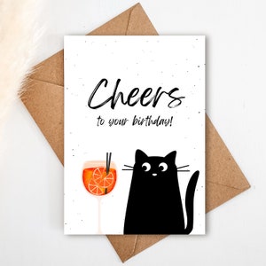 Geburtstagskarte Aperol "Cheers to your Birthday" in A6 | Glückwunschkarte Katze, Geschenkkarte, Postkarte, Aperol Glas, Katzen Karte lustig