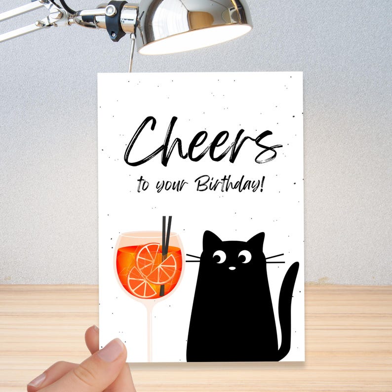 Aperol birthday card "Cheers to your Birthday" in A6 | Cat greeting card, gift card, postcard, Aperol glass, funny cat card image 2