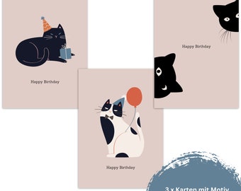 3 Geburtstagskarten als Klappkarte "Happy Birthday" mit Katzen Motiv | Glückwunschkarte, Katze, Katzenfan, Geburtstag, Geburtstagsgeschenk