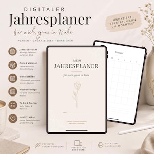 Könnte beinhalten: Ein digitaler Jahresplaner auf einem Tablet-Bildschirm mit beigem Hintergrund und floraler Linienkunst. Der Titel lautet MEIN JAHRESPLANER. Ein zweiter Bildschirm zeigt ein Januar-Kalenderblatt. Enthalten sind Ziele, Aufgaben und Tracker.