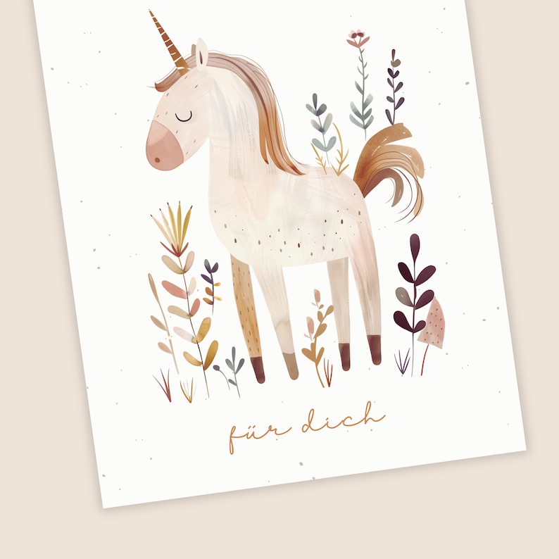 May include: A white unicorn with a brown mane and tail stands in a field of brown, pink, and green wildflowers. The unicorn has closed eyes and a small horn. The text "f&uuml;r dich" is written below the unicorn.
