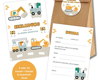 10 Einladungskarten "Dinos in Baufahrzeugen" mit Geschenktüten und Sticker zur Kinder Geburtstag Party Einladung Mitgebsel Kindergeburtstag
