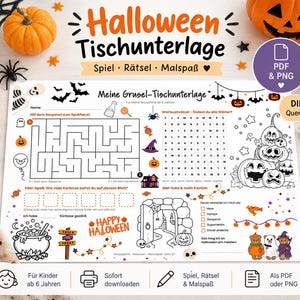 Könnte beinhalten: Eine DIN A4 Querformat-Tischunterlage mit Halloween-Spielen wie Labyrinth, Wortsuchrätsel, Zählaufgaben und Malbereichen. Das Blatt enthält schwarz-weiße Illustrationen von Kürbissen, Geistern, Fledermäusen und einem Spukhaus sowie den deutschen Text "Halloween Tischunterlage" und "Meine Grusel-Tischunterlage".