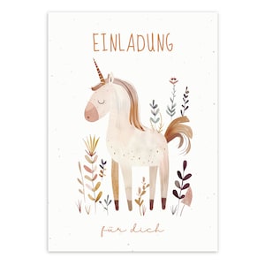 May include: A white unicorn with a gold horn and brown mane stands in a field of brown, green, and purple wildflowers. The text "Einladung f&uuml;r dich" is written below the unicorn.