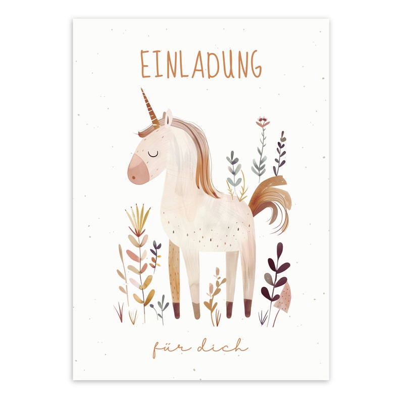 May include: A white unicorn with a gold horn and brown mane stands in a field of brown, green, and purple wildflowers. The text "Einladung f&uuml;r dich" is written below the unicorn.