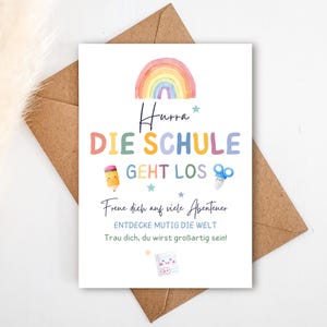 Einschulung Karte Schulkind „Hurra, die Schule geht los!“ (Postkarte) A6 | Glückwunsch zum Schulstart | Mutmach-Karte für Erstklässler