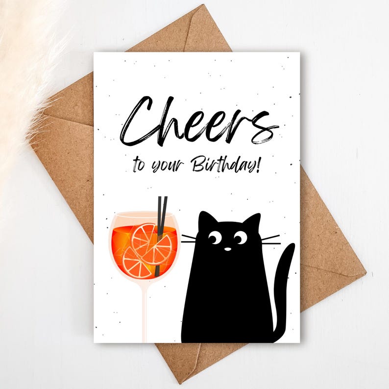 Aperol birthday card "Cheers to your Birthday" in A6 | Cat greeting card, gift card, postcard, Aperol glass, funny cat card image 1