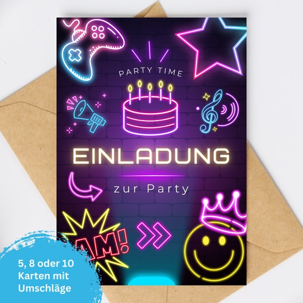 Neon Gamer Einladungskarten Kinder Geburtstag Party, Einladungen Laser Tag Geburtstag Teenager, plus Umschläge