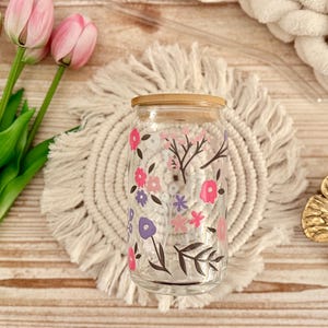 Pink & Lavender Floral 16 oz Glass Cup | Iced Coffee Tumbler with Lid and Straw | Waterproof Flower Drinkware Gift